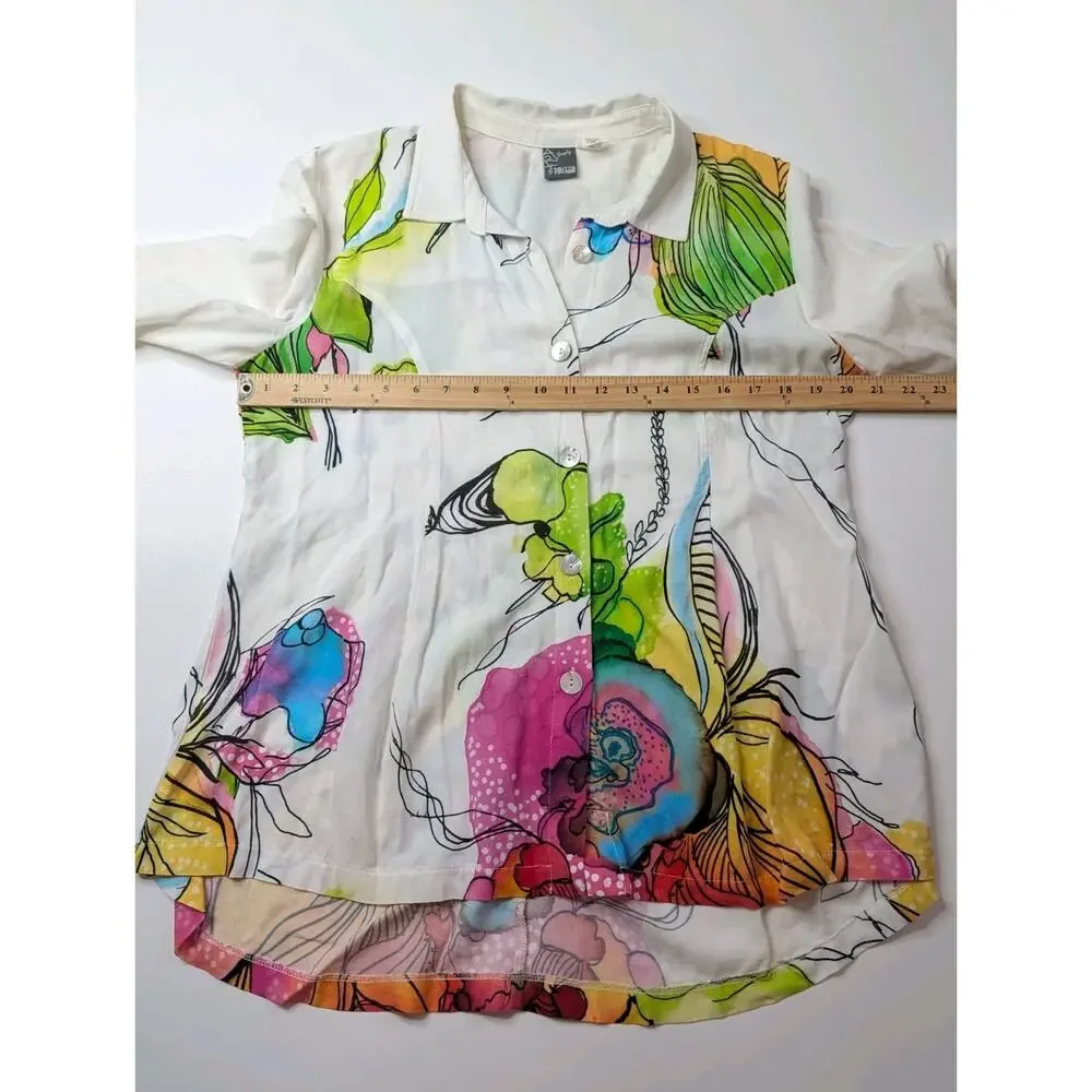 Simply Art by Dolcezza Floral Button-Up 3/4 Roll Up Sleeve Blouse Size M - Picture 8 of 10